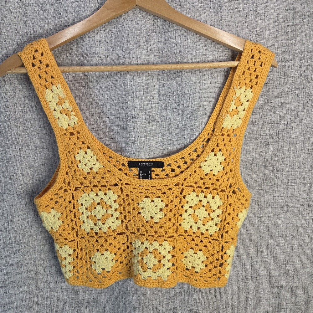 Forever 21 Crochet Crop Tank Top Granny Square Boho Yellow Orange Size Small